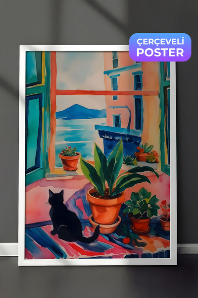 Postifull Slika u belom okviru, crna mačka, serija komfora, zidna slika za ku...