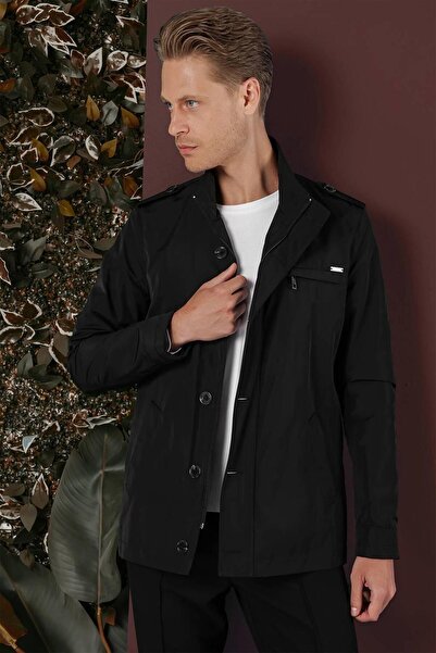 Efor Hakim Yaka Düğme ve Fermuarlı Yan Cepli Mevsimlik Siyah Mont Ka 077