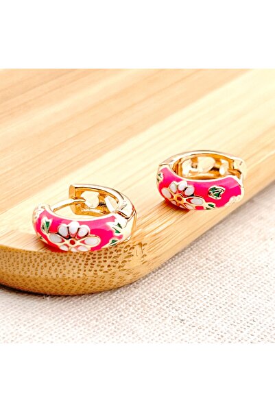 Siya Silver Kararmaz Çelik Gold Renk Pembe Mineli Çiçekli Halka Küpe - Hediye...