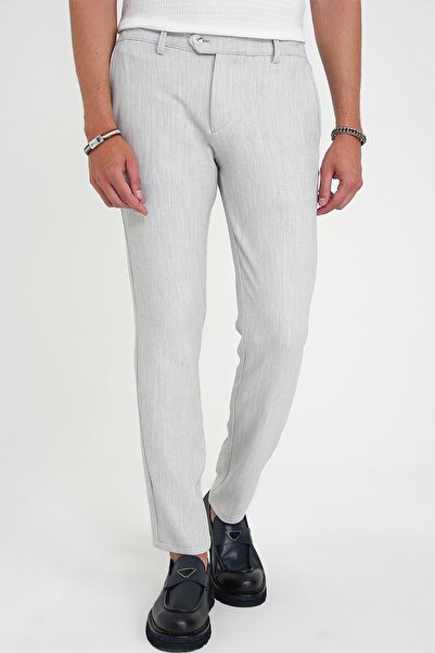 Efor Comfort Fit Beli Lastikli Balıksırtı Desen Açık Gri Pantolon P 1175