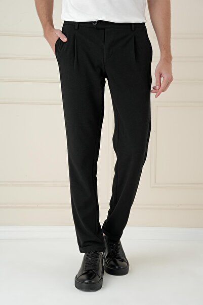 Efor Comfort Fit Gofre Dokulu Beli Lastikli Pileli Siyah Jogger Pantolon P 1174