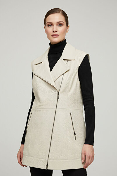 Deriderim Beyaz Maude Uzun Çapraz Fermuarlı Astarlı Hakiki Deri Kadın Yelek