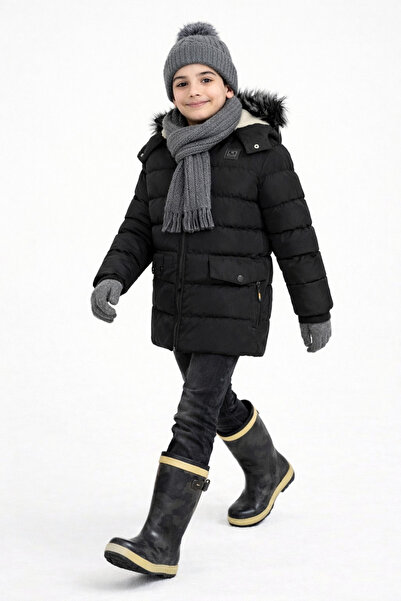 REGOS Men's Black Removable Hooded Water and Windproof Children's Coat and Coat