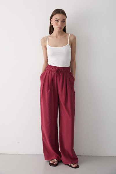 JASTE Kadın Beli Lastikli Bol Paça Palazzo Pantolon BORDO