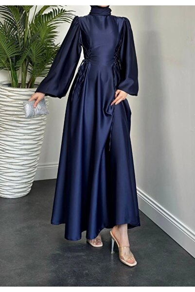 Suedcollection Yandan kuşak sıkma detaylı saten abiye