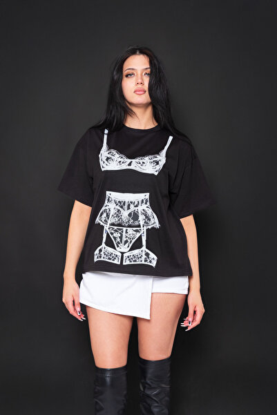 Bak Moda Valentine Štampano opuštena crna ženska majica