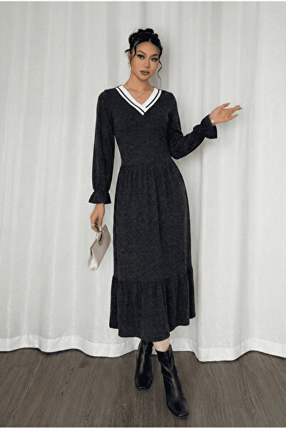 Avones فستان نسائي تريكو برقبة على شكل حرف V وأكمام طويلة من الصوف والفسكوز ب...