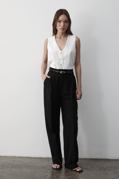 JASTE Kadın Keten Örgü Kemerli Beli Lastikli Yüksel Bel Palazzo Pantolon SİYAH