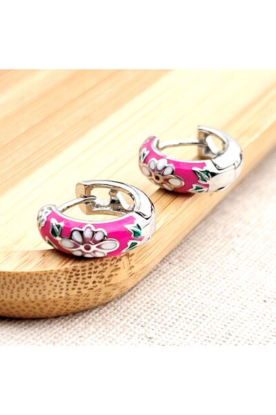 Siya Silver Tarnish Resistant Steel Silver Color Pink Enamel Floral Hoop Earr...
