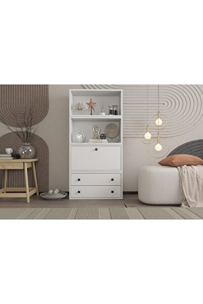 Nettrends Çekmeceli Kapaklı Raflı Beyaz Çok Amaçlı Dolap 65,4 Cm Çıtasız Ça-d...