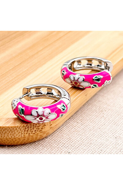 Siya Silver Tarnish Resistant Steel Silver Color Pink Enamel Floral Hoop Earr...