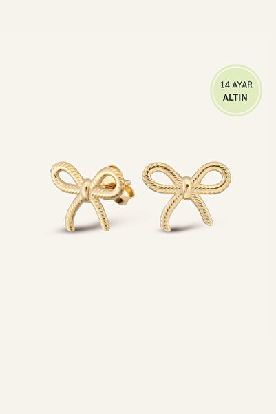 Aja Jewels Shiny Ribbon Fiyonk Kurdale Taşsız Küpe | 14 Ayar Altın