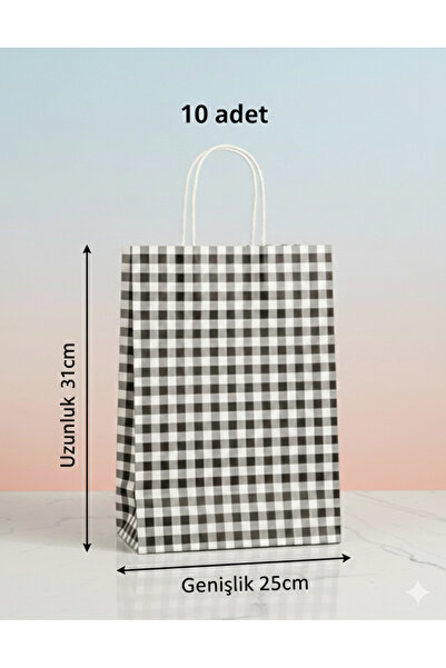 e Erta Siyah/Beyaz Ekose Kraft Çanta 25x31 Cm -10 Adet- Hediye Poşeti , Hediy...