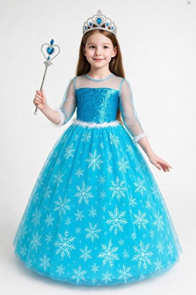 kostüm selesi Karlar Ülkesi Elsa Uzun Kollu-Tarlatanlı Frozen Kostüm