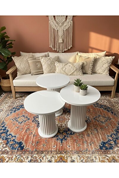 Kalafika BOHEM MANTAR 3’LÜ ZİGON SEHPA-BEYAZ RENK