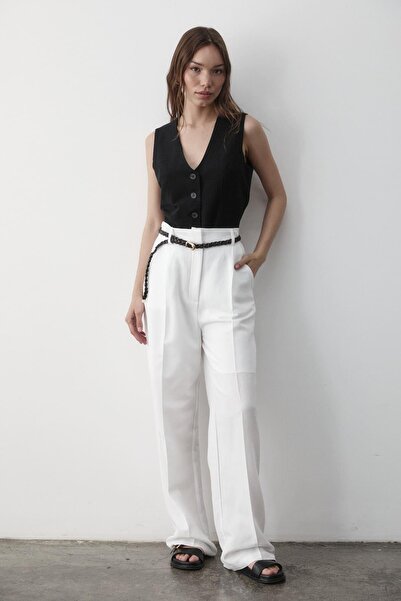JASTE Kadın Keten Örgü Kemerli Beli Lastikli Yüksel Bel Palazzo Pantolon BEYAZ
