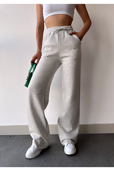 schlank Gri deschis talie înaltă picior lat - pantaloni de sport de iarnă