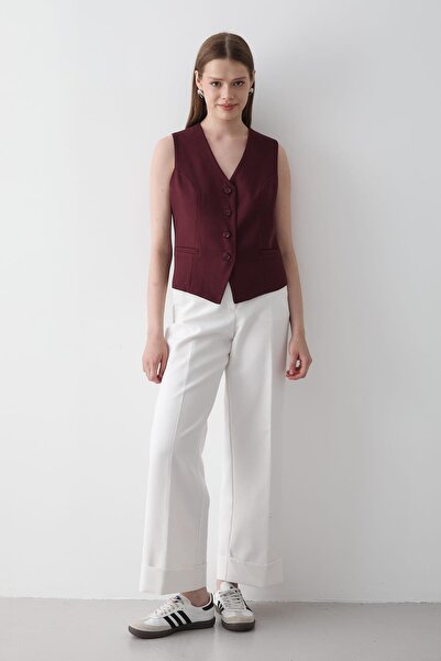 JASTE Kadın Astarlı Düğme Detaylı Yelek BORDO