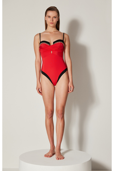 Penti Red Black Metal Accessory Detailed Quartz Swimsuit