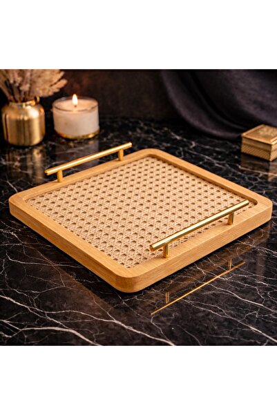 arykanda رف تقديم هازيران راتان بمقبض ذهبي ريفي خشبي