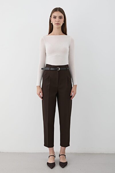 JASTE Kadın Yüksek Bel Pileli Kumaş Pantolon KAHVERENGİ