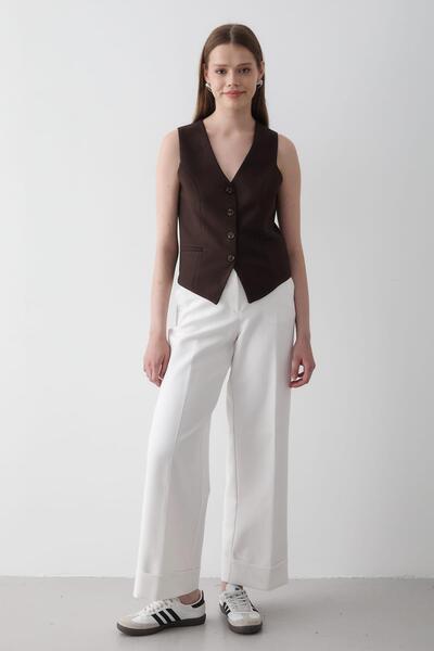 JASTE Kadın Astarlı Düğme Detaylı Yelek ACI KAHVERENGİ