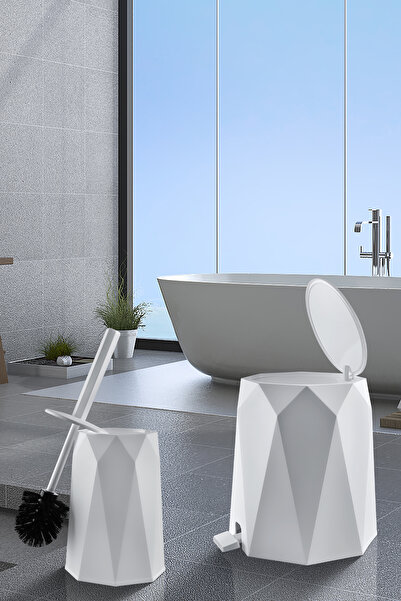 Elif Beya Plastik 5 l Çöp Kovası ve Tuvalet Fırçası Geo 2'li Banyo Seti