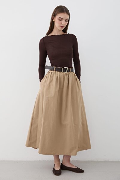 JASTE Women's Belted Ruched Detail Maxi Skirt Beige