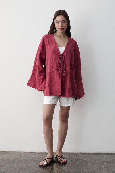 JASTE Γυναικείο κιμονό με μανίκια με διπλό δέσιμο 100% βαμβάκι CHERRY