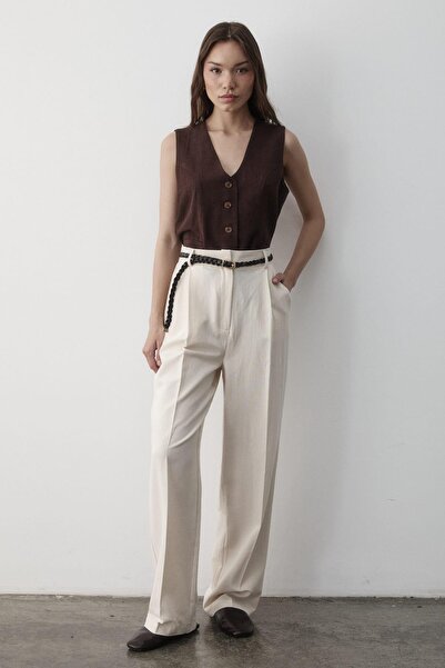 JASTE Kadın Keten Örgü Kemerli Beli Lastikli Yüksel Bel Palazzo Pantolon BEJ