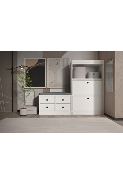 Nettrends Puflu Raflı Askılıklı Çekmeceli Beyaz Vestiyer Çıtasız 130 Cm Vst-1...