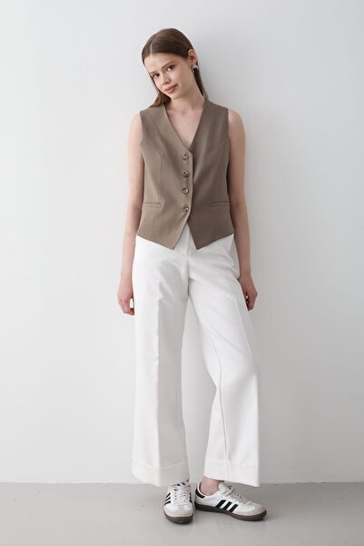 JASTE Γυναικείο γιλέκο με επένδυση με λεπτομέρεια με κουμπιά ΧΑΚΙ