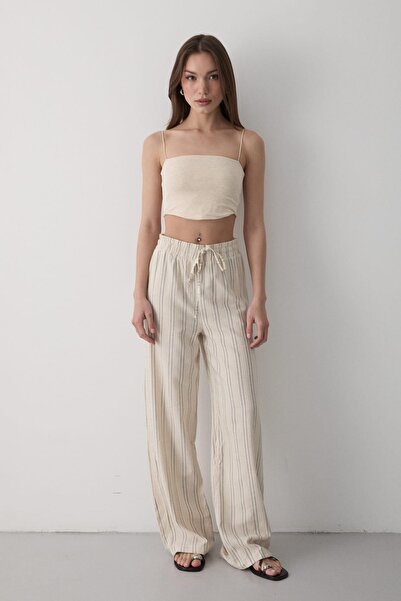 JASTE Γυναικείο ριγέ λινό παντελόνι με ελαστική μέση ΜΑΥΡΟ