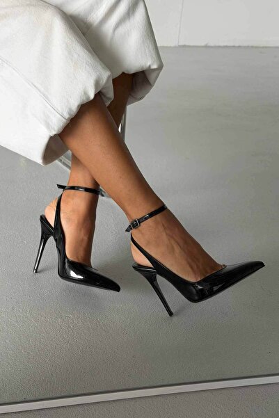 AYAKKABI PRENSİ Gina Bilekten Bantlı Siyah Rugan 10 Cm Kadın Stiletto, Topukl...
