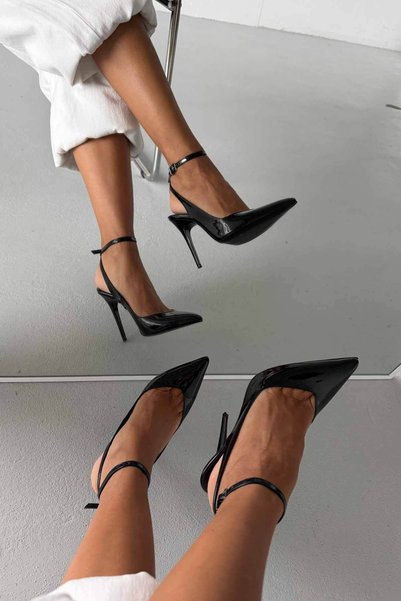 AYAKKABI PRENSİ Gina Bilekten Bantlı Siyah Rugan 10 Cm Kadın Stiletto, Topuklu Ayakkabı