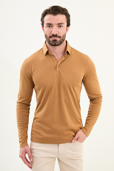 Mcr تي شيرت رجالي بياقة بولو وأكمام طويلة وقصة ضيقة بلون الجملي - 36672.21K