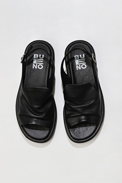Bueno Shoes Μαύρα δερμάτινα γυναικεία φλατ σανδάλια 01wu5906