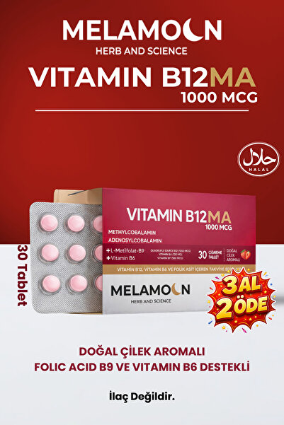Melamoon B12, B6 Ve Folik Asit: Sinir Sistemi, Kan Oluşumu Desteği 1000mcg 30'lu