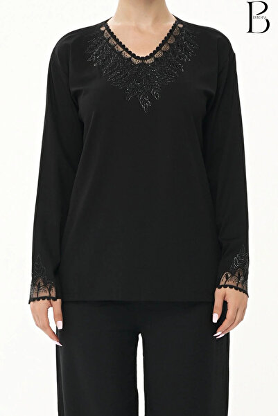 BURSPA Bluză neagră din bumbac pieptănat pentru mama cu detaliu din tul broda...