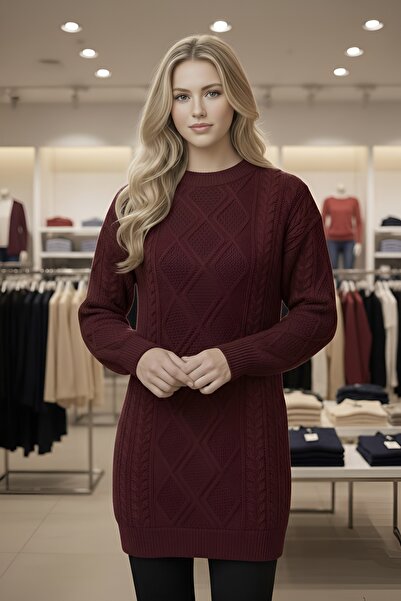 AQE FASHION Women's Knitwear Sweater Tunic Burgundy Crew Neck Patterned Long ...