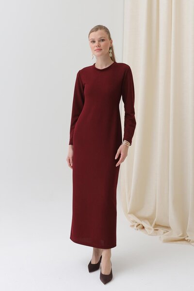 Puane Women's Basic Long Sleeve Knitwear Maxi Dress-12591Elb - Burgundy