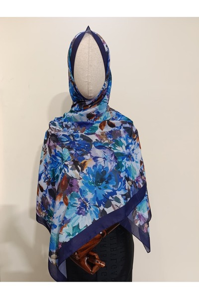 ESİMA Batik Çiçek Desen Lacivert Pamuksu Şal