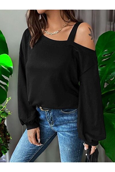 StilVibe Bluză largi Nero cu un singur umăr - mânecă lungă și detaliu curea