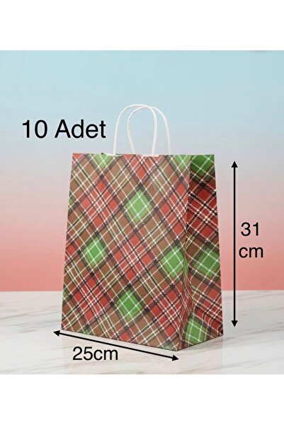 e Erta Ekose Desenli Kraft Çanta 25x31 Cm -10 Adet- Hediye Poşeti , Hediye Pa...