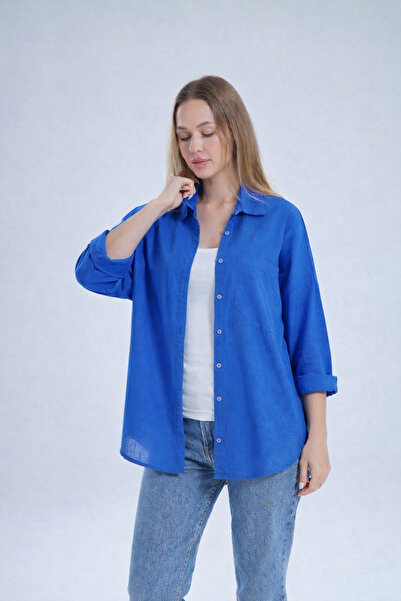 BYMEER Saks Flamlı %100 Pamuk Keten Gömlek