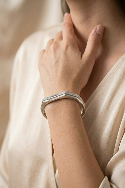 PASTELASTORE Gümüş Kaplama Sekizgen Damalı Kelepçe Bileklik