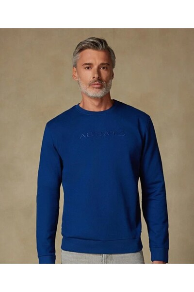 Abbate Sweatshirt Örme Kumaş Pamuklu Comfort Fit Saks Bisiklet Yaka Erkek Nakışlı Sweatshirt