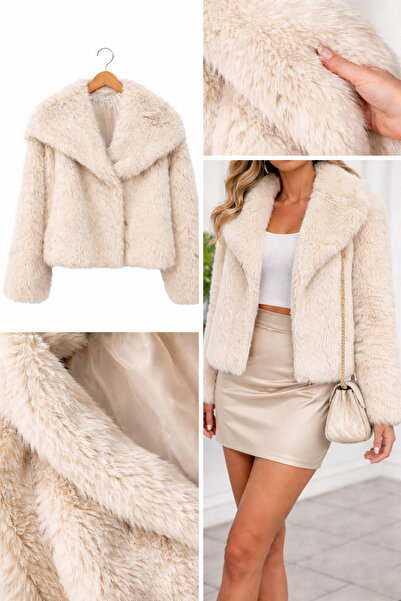 MegaLifeVision سترة نسائية شتوية أنيقة ذات ياقة واسعة من القطيفة معطف من الفر...