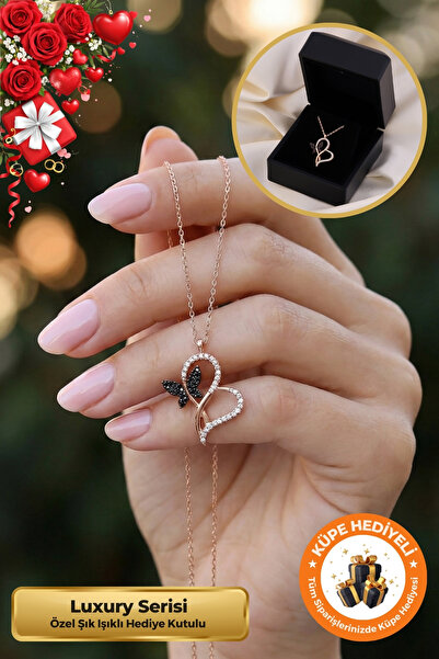 Lucente Jewellery Işıklı Hediye Kutulu Sonsuzluk Aşk Kolyesi Kelebek ve Kalp ...