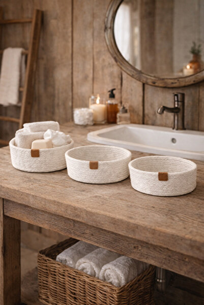 Naspar Комплект от 3 кошници от бял памук с шевове – органайзер, бюро, телеви...